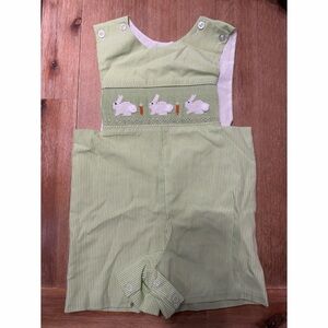 Three Sisters Easter Green Smocked Shortalls 18M